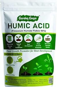 Garden Genie Humic Acid for Plants (Potassium Humate Flakes 98%) | Plant Growth Enhancer, Soil Conditioner, Improves Plant Root System, 830g