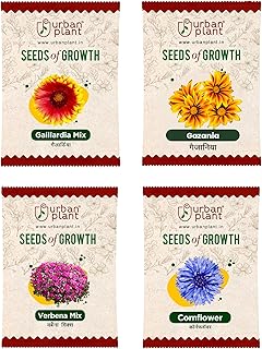 Urban Plant Gaillardia Mix, Gazania, Verbena Mix, Cornflower Flower Seeds Combo | 4 Packet Bundle for Pots, Balcony, Terrace, Home & Kitchen Gardening